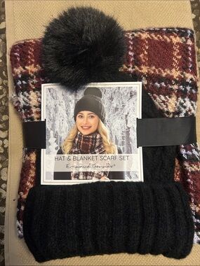 Emanuel Geraldo Hat & Blanket Scarf Set - Black, Burgundy, Cream
